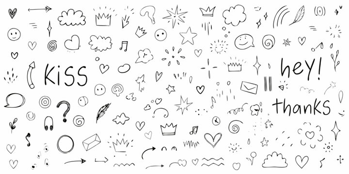 Doodle Collection With Handwritten Words Black And White Vector Illustration