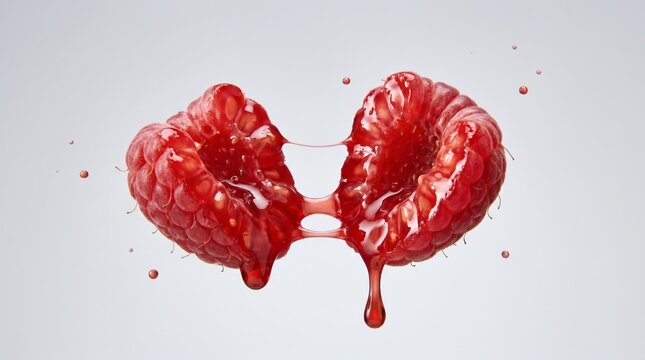 Artistic heart shape formed from fresh raspberries with juicy details symbolizing love, health and natural sweetness.