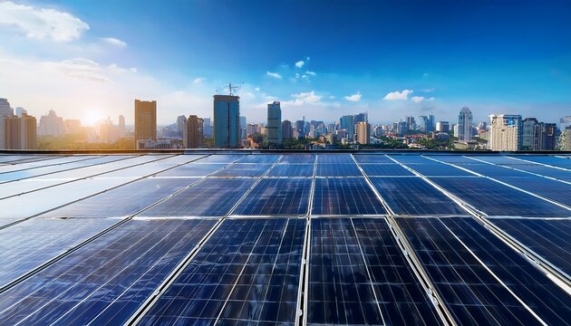modern city rooftop with solar panels under clear blue sky