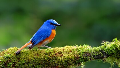 Obraz premium vivid blue and orange bird perches on mossy branch against a blurred green backdrop