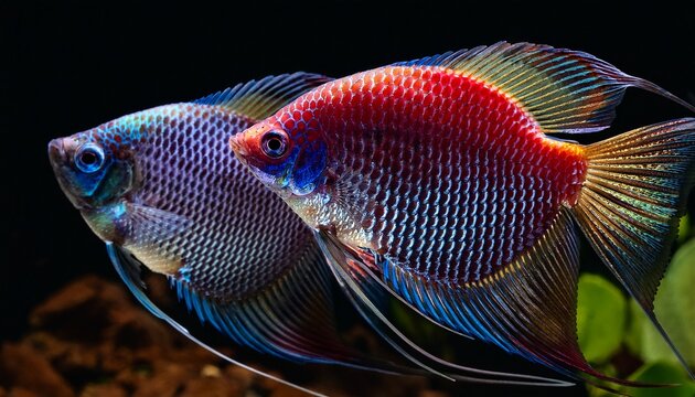 two gourami fish swim gracefully in an aquarium showcasing vibrant colors and intricate patterns