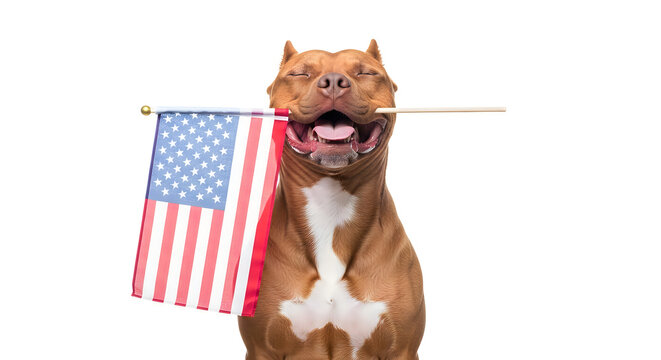 Happy brown dog holding American flag on white background celebrating national holiday