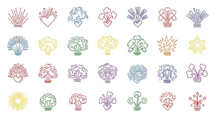 Large collection of colorful fireworks and explosion icons in various shapes and patterns, suitable for celebrations. © Snek