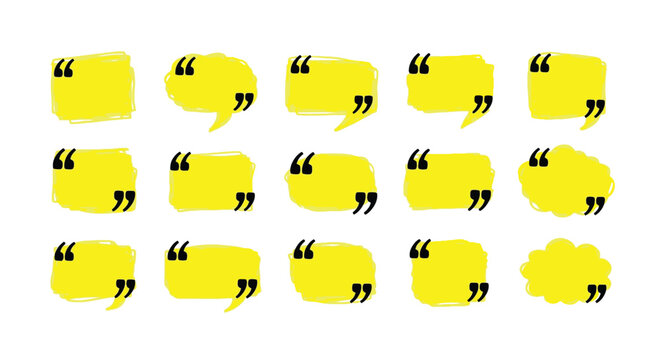 Set of hand-drawn yellow speech bubbles with quote marks, suitable for testimonials, messages, and communication designs.