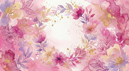 Watercolor floral ornament with pink and gold hues, decorative frame © Mansura