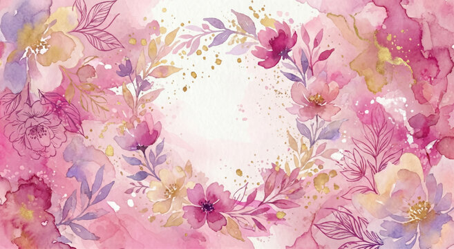 Watercolor floral ornament with pink and gold hues, decorative frame