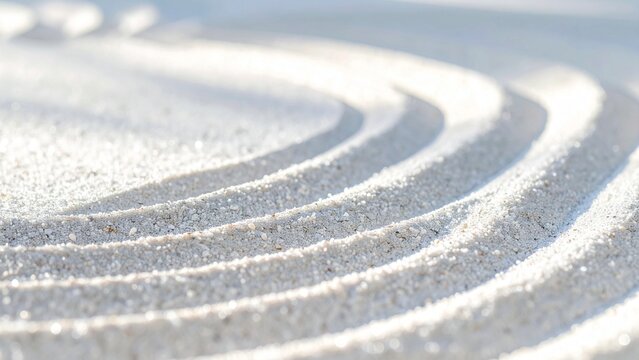  Soft circular zen sand pattern with sparkling white grains, minimalist karesansui texture in sunlight

 きらめく白い砂粒の柔らかな円形の禅砂紋、日差しの中のミニマルな枯山水テクスチャ