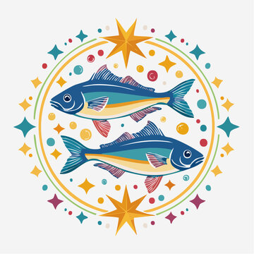 Pisces Zodiac Sign Illustration with Two Fish and Stars