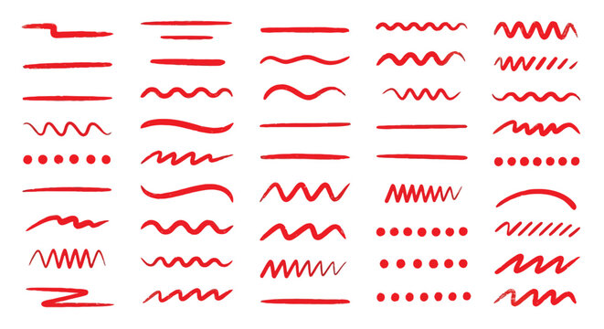 Collection of hand drawn red brush strokes highlighting lines wavy patterns dotted segments and artistic markers for document emphasis and text editing.