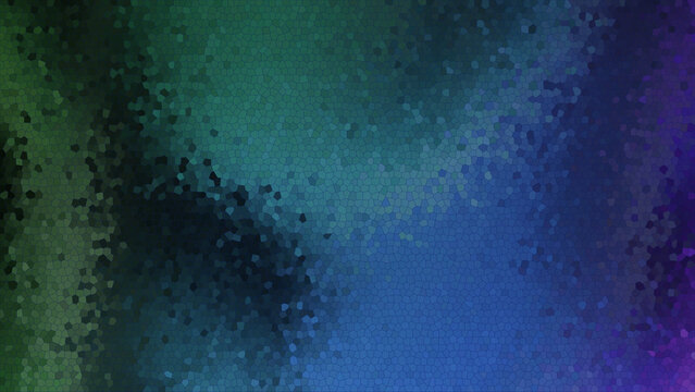 Vibrant blue green and purple abstract pixelated background with dark gradient and colorful mosaic texture