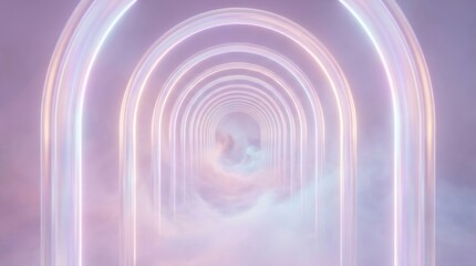 Naklejka premium Glowing neon arches frame ethereal clouds in abstract tunnel corridor