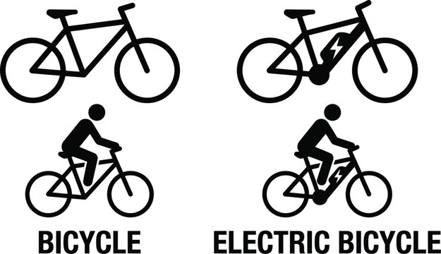 Bicycles and electric bicycles are presented as simple black icons comparing standard models with pedal-assisted e-bike designs.