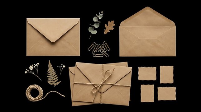 Flat lay of craft paper envelopes, twine, dried leaves, and paper clips on a black background