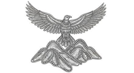 Fototapeta premium Elegant mythical eagle bird perched on ornate abstract cloud design intricate line art isolated on white background