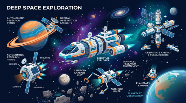 Deep space exploration isometric vector infographic with spaceships, satellites, research habitat, and planetary lander