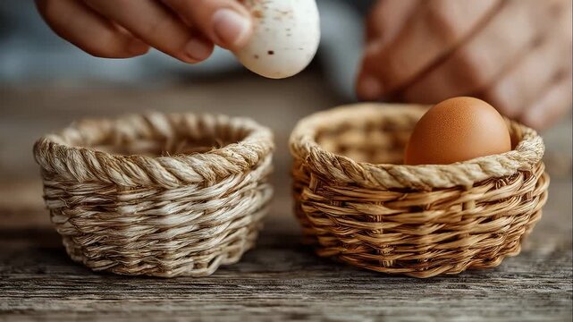 Hands are placing eggs into small woven baskets on wooden table. Eggs are in different colors and textures. Rustic setting conveys warmth and simplicity