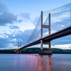 Fototapeta premium Modern steel bridge over calm river at sunrise.