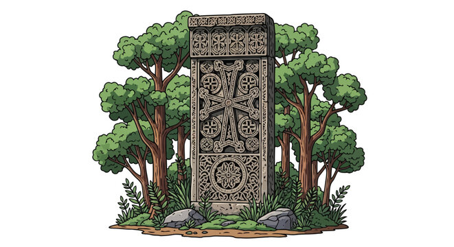Ancient khachkar cross stone monument illustration with intricate armenian carvings and isolated on white background