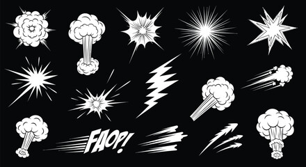 Collection of comic book explosion effects and sound effects illustrations, graphic design elements on black background. © Snek