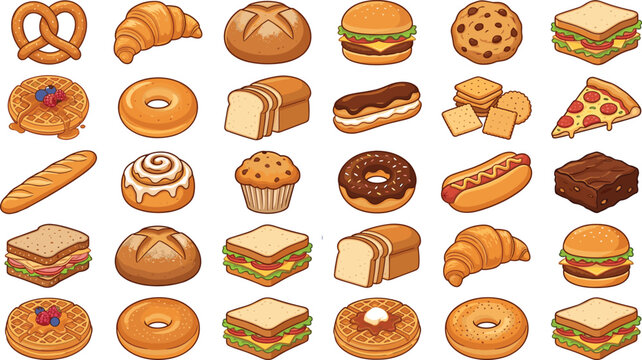 Bakery and Fast Food Vector Icon Set Featuring Bread Croissant Burger Sandwich and Pastry Items for Menu Graphic Designs