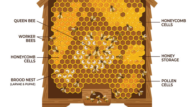 Educational beehive anatomy illustration showing queen bee, worker bees, honeycomb cells, isolated on white background