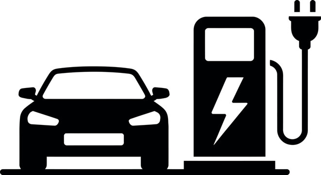 Electric car charging at modern charging station with lightning bolt symbol