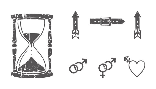 Grunge hourglass belt arrows and gender symbols with heart time sand buckle