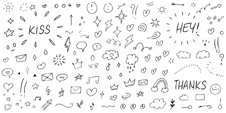 Hand Drawn Doodle Set With Hearts Stars And Text On White
