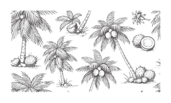 Hand drawn of coconut palms and coconuts scattered white tree tropical fruit