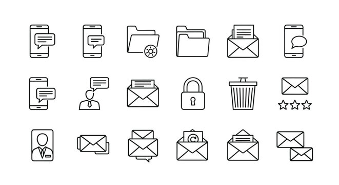 Collection of minimalist black line communication icons including mobile phone message bubbles mail envelopes folder lock and trash can for digital design.