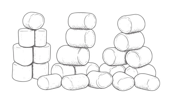 Hand drawn of stacked cylindrical marshmallows in piles food sweet confectionery