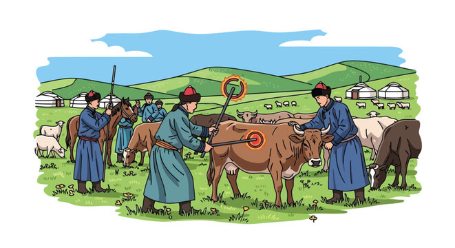 Traditional pastoral scene illustration with herders tending cattle and sheep in green isolated on white background