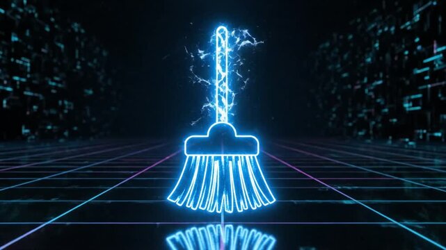 Futuristic neon broom icon cleaning the data metaverse background with electricity.