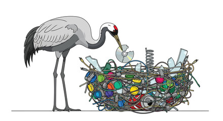 Fototapeta premium Crane bird feeding from colorful tangled wire and object nest illustration isolated on white background