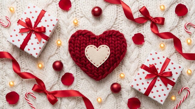 Wrapped gifts and a knitted heart are surrounded by ribbon and festive decor.