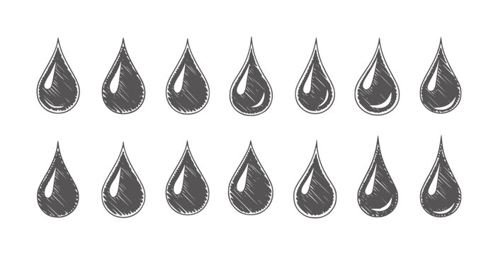 Twelve dark gray water drop with textured outlines liquid collection