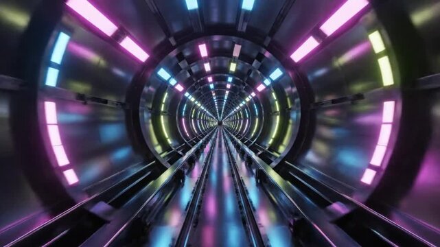 Futuristic tunnel with vibrant colorful neon lights reflecting on the metallic floor, perfect for background use
