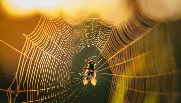 fly in spider web trapped insect golden cobweb