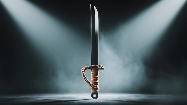 Cinematic Japanese Tanto Sword Standing Under Dark Dramatic Spotlight Studio