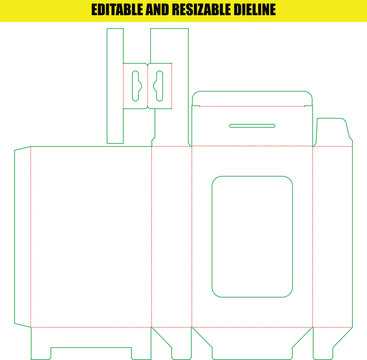 Customizable retail box dieline template with hanging hole and front window for professional product packaging design