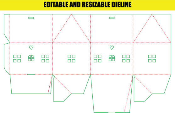 House shape gift box dieline template with decorative windows and heart cutout for craft projects