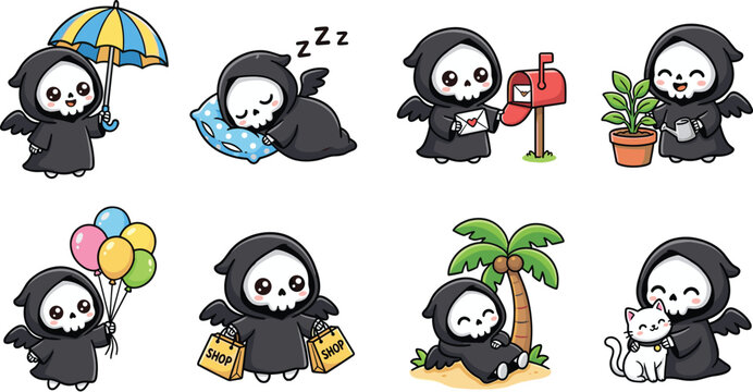 Cute Cartoon Grim Reaper Angel Mascot Character Vector Set with Daily Activities Lifestyle and Halloween Sticker Graphic Designs