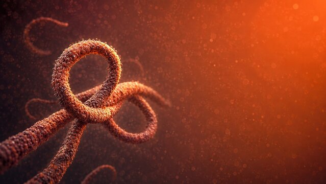 Microscopic illustration of the Ebola virus showing contagious filamentous structure in a biological environment, concept of infectious disease, viral epidemic, public health and medicine.