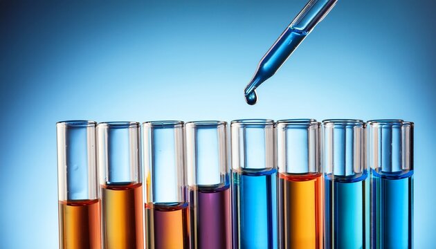 test tubes with colorful liquids dropper adding blue liquid