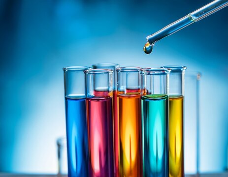 test tubes with colorful liquids and pipette