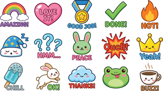 Cute Cartoon Message Stickers Vector Set with Rainbow Heart Medal Frog Rabbit and Text Elements for Chat Application Designs