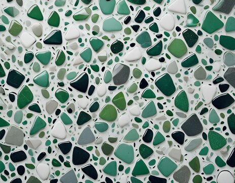 terrazzo slab with mosaic pattern retro deep green and light gray chips on white base with fine dots