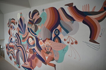 Colorful Mural in Modern New School Interior on Zwycięska Street Wroclaw © Miroslaw