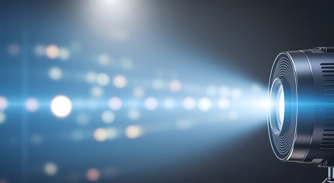 Professional digital projector lens emitting bright blue light beam background