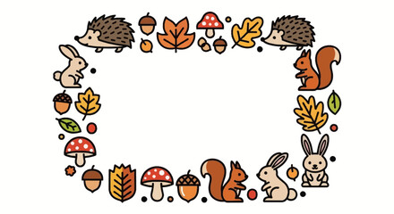Fototapeta premium Autumn Frame with Cute Animals and Fall Elements - Vector Illustration